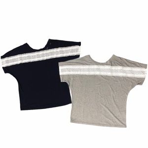 Gray Short Sleeve Round Neck Embroidered Tee Navy Blue & Light Gray Set Of 2